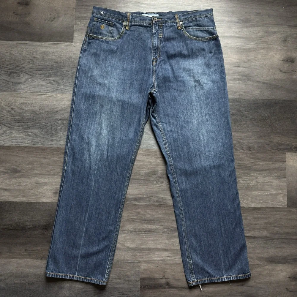 Rocawear Baggy Wide Leg Embroidered Snake Jeans Mens 42x34 Y2K Distressed Blue